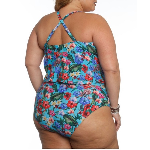 Blue Floral Tiki Time Keyhole Surplice One-Piece Women’s Size 18W - Picture 3 of 5